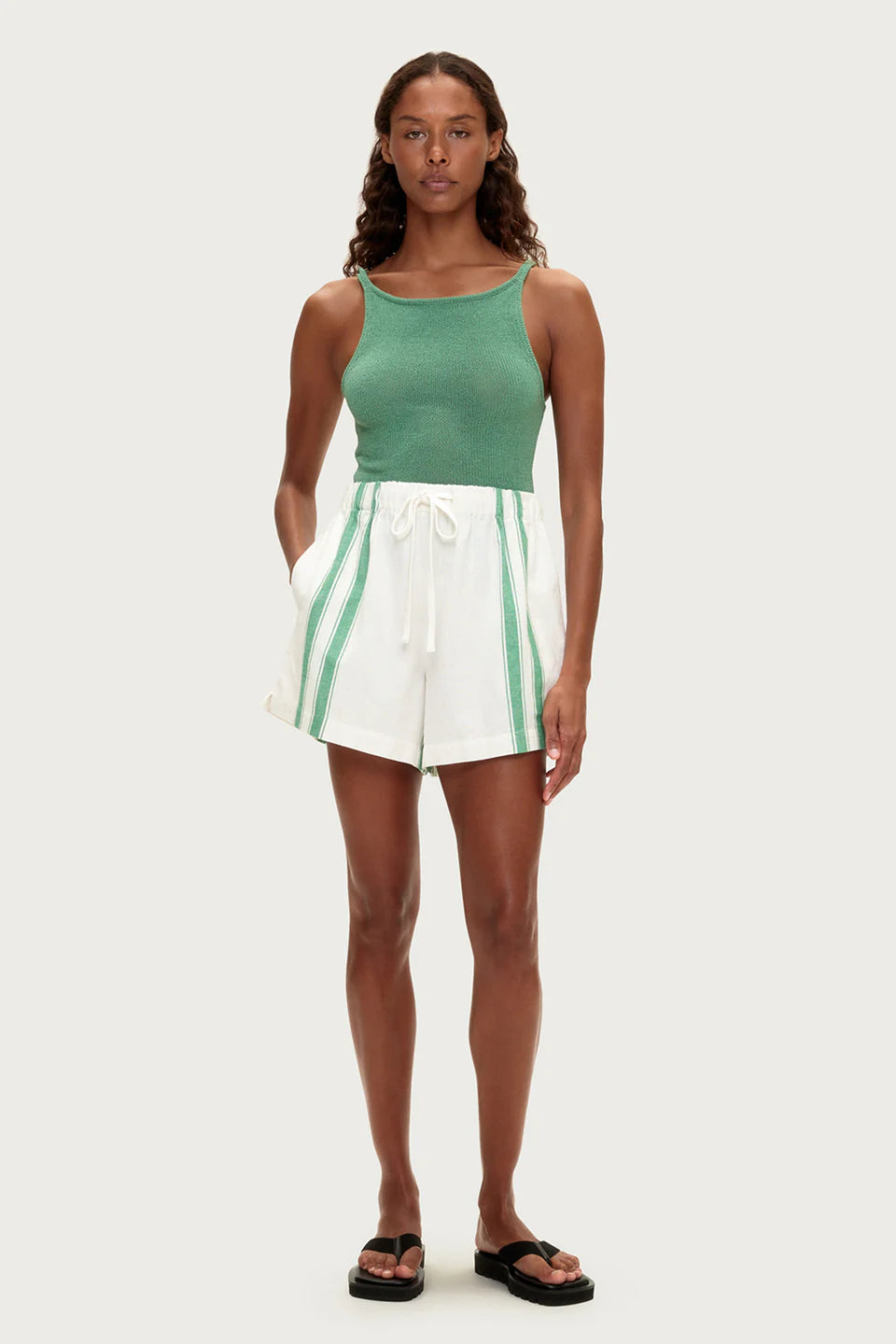 COTTON LINEN SHORT | GREEN STRIPE