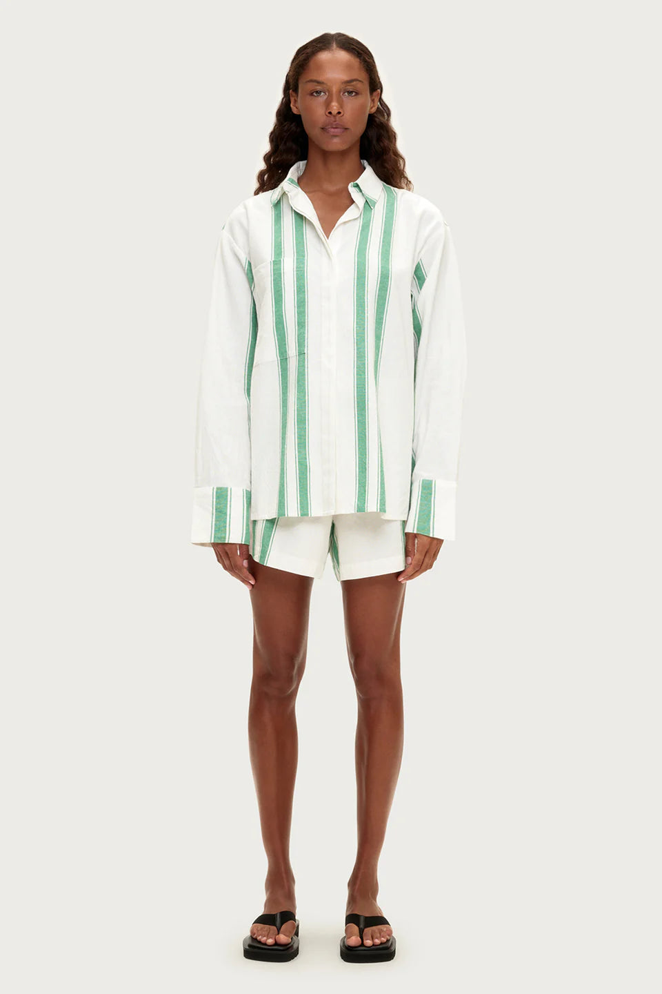 COTTON LINEN SHIRT | GREEN STRIPE