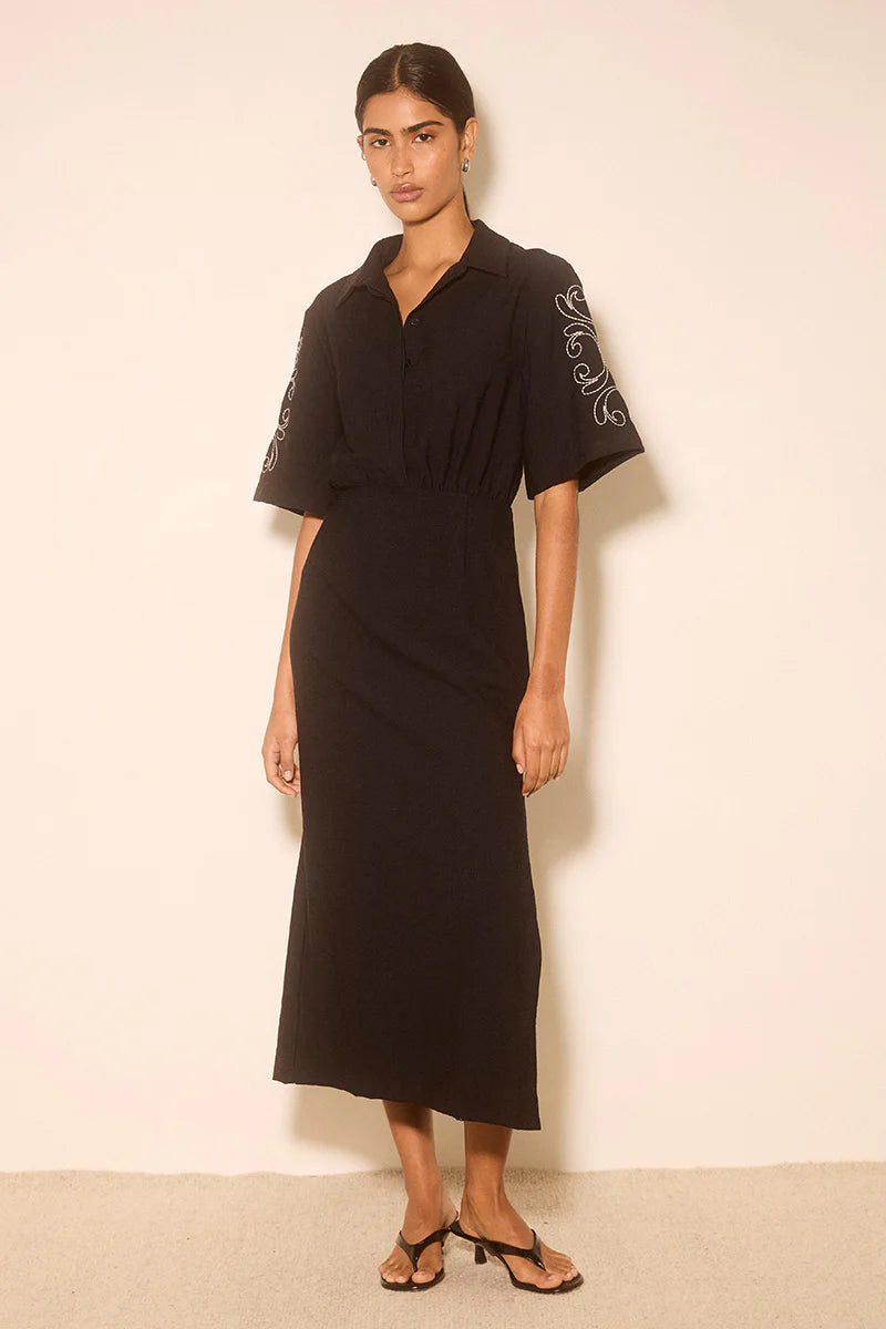 ZAHRA EMBROIDERED MIDI DRESS MIDNIGHT BLACK