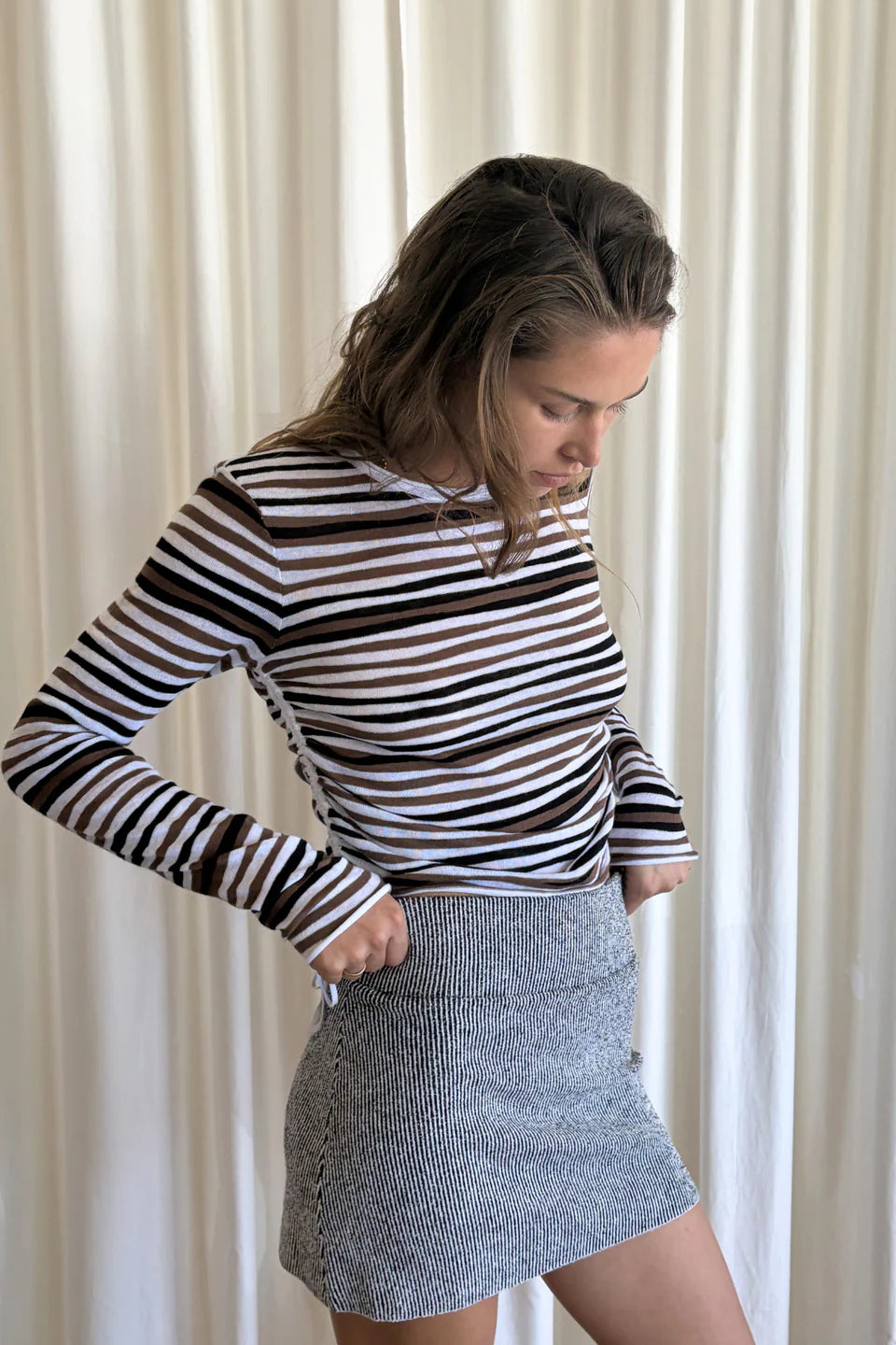 GATHERED LONG SLEEVE KNIT TOP | BLACK STRIPE