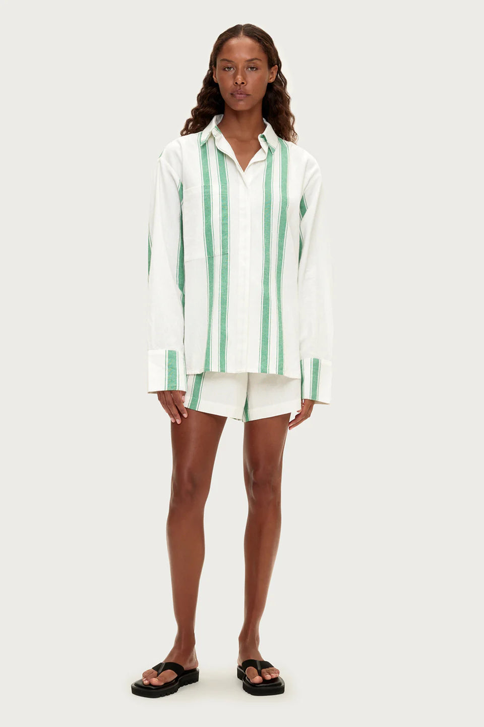 COTTON LINEN SHIRT | GREEN STRIPE