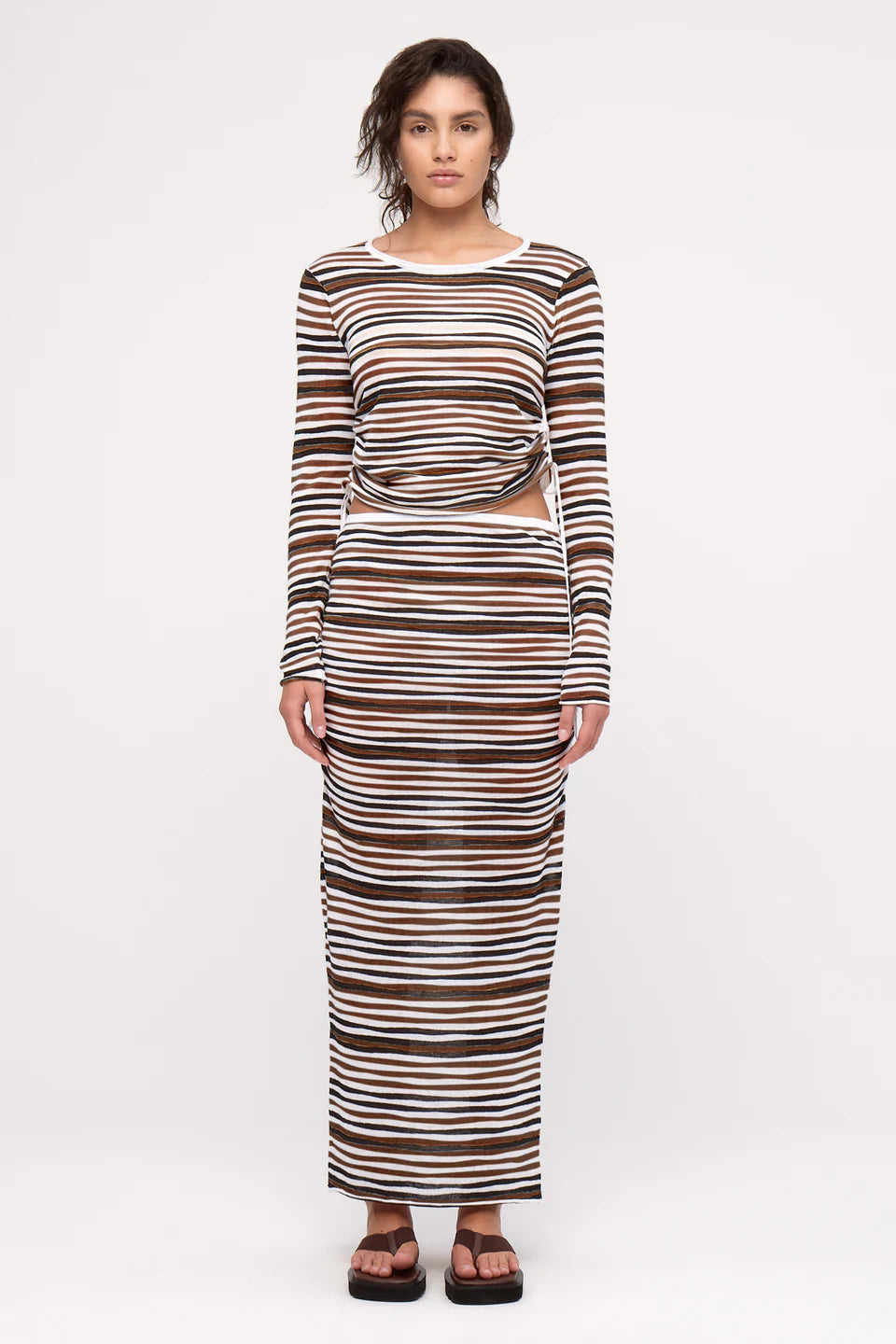 GATHERED LONG SLEEVE KNIT TOP | BLACK STRIPE