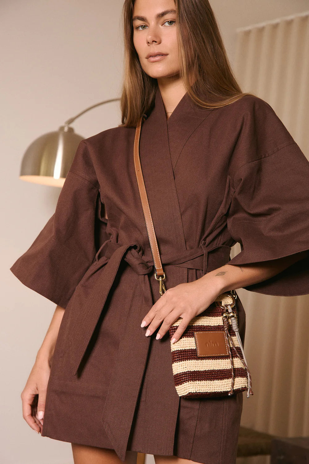 LEATHER TRIMMED RAFFIA POCKET | STRIPE