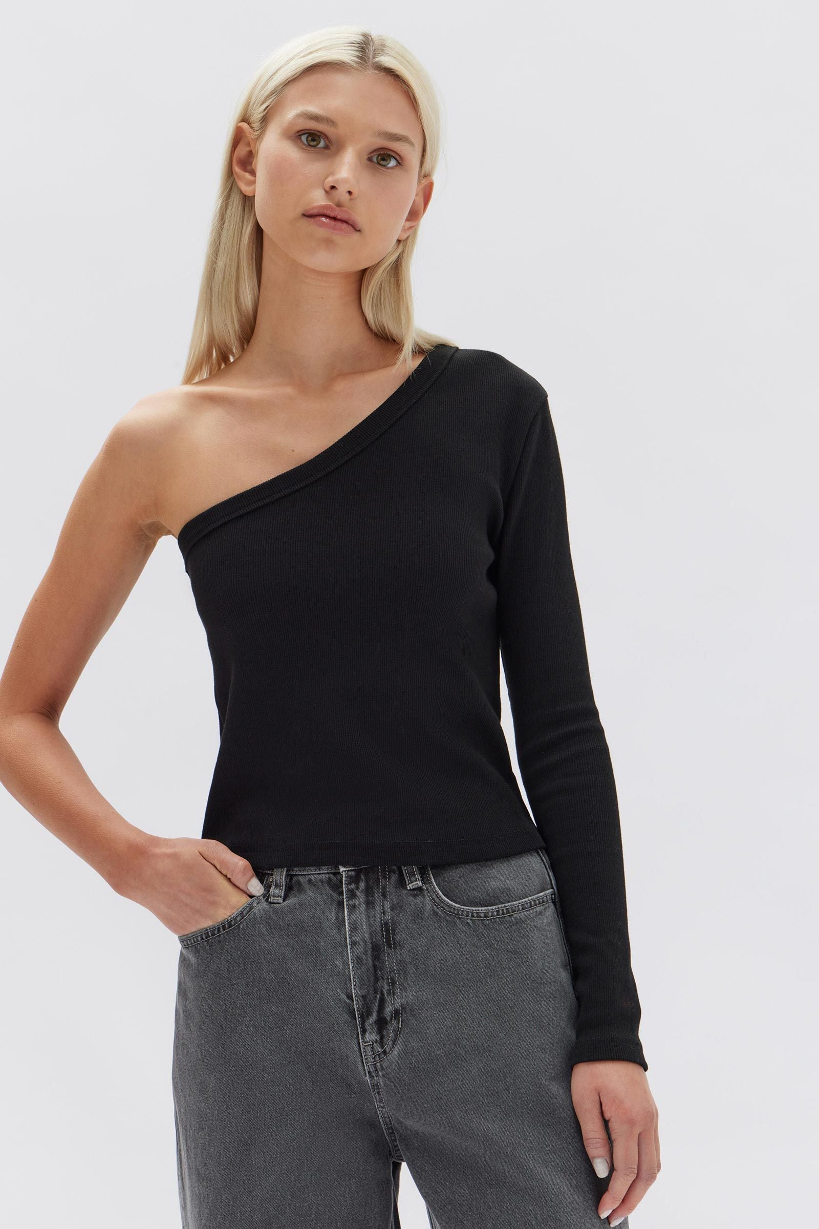 ASYMMETRIC ORGANIC JERSEY LONG SLEEVE TOP | BLACK