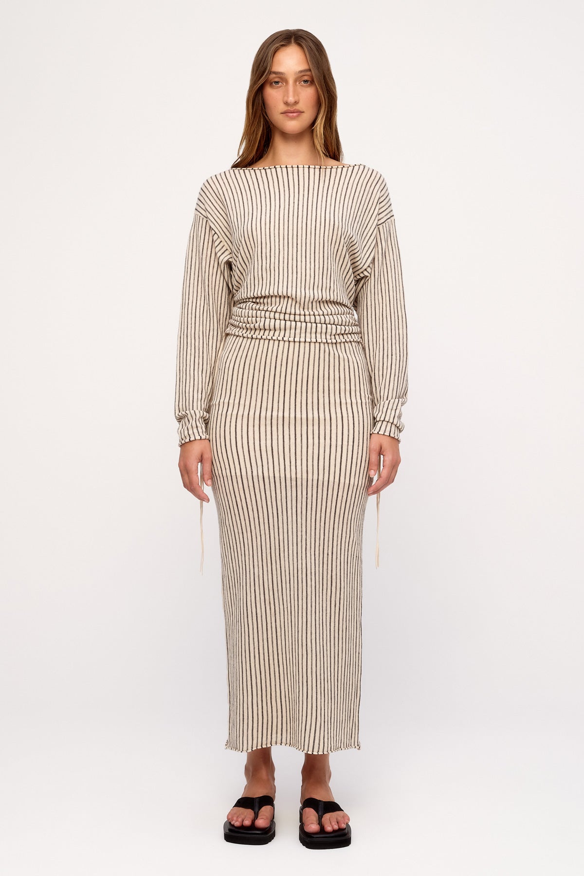 NATURAL PIN STRIPE SEMI SHEER KNIT SKIRT