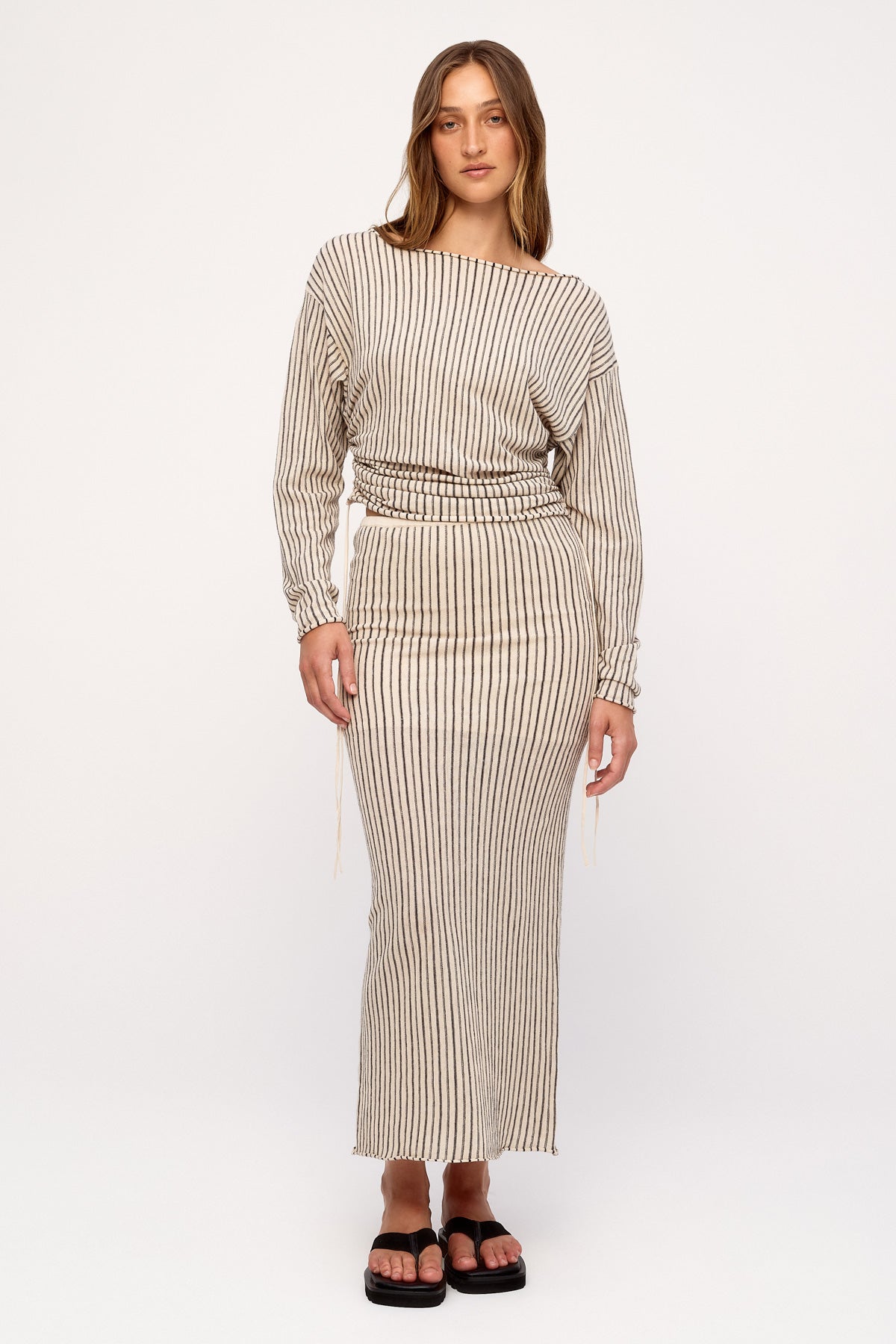 NATURAL PIN STRIPE SEMI SHEER KNIT TOP