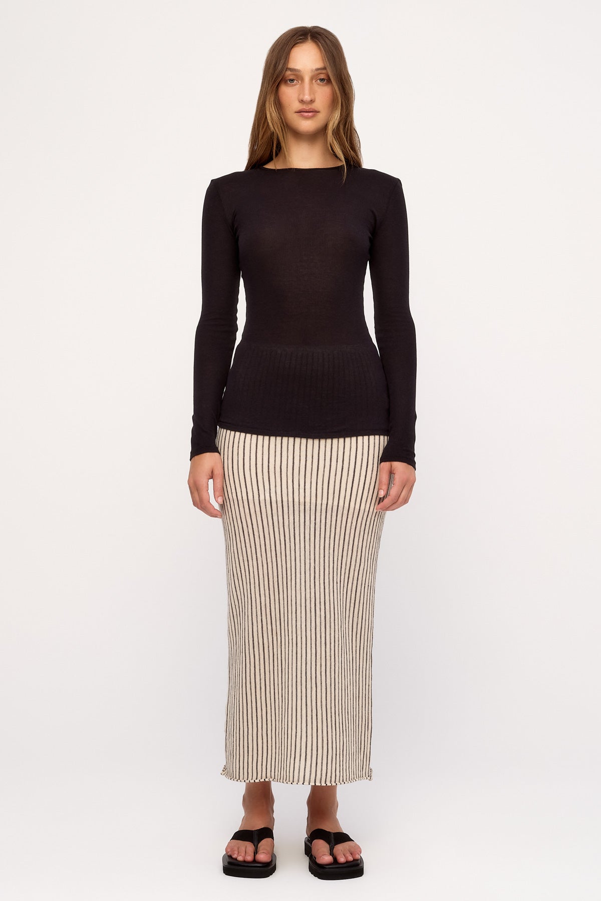 NATURAL PIN STRIPE SEMI SHEER KNIT SKIRT